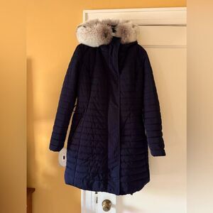 Gorski Navy Blue Apres Ski Parka with hood w fur trim US 10